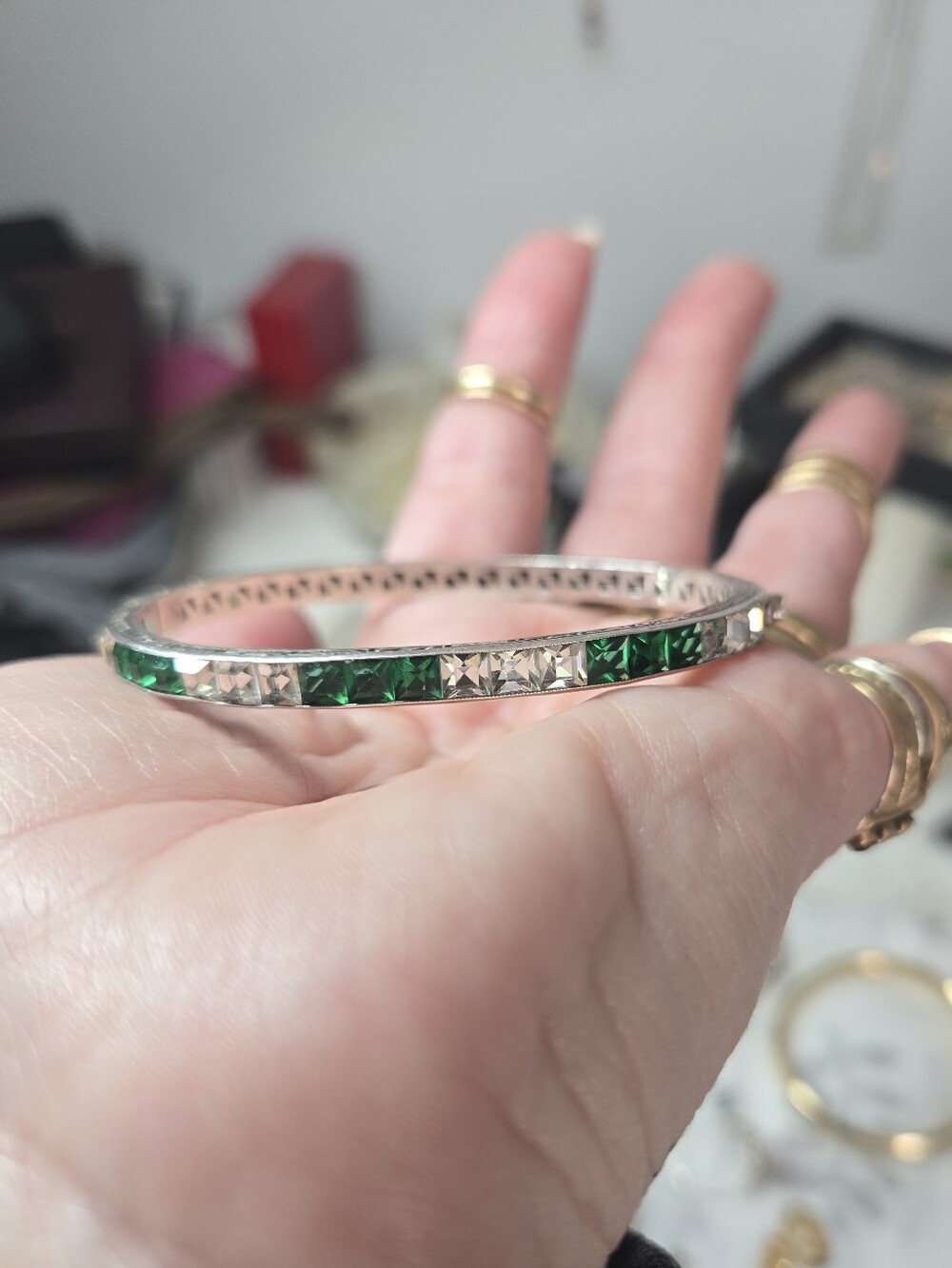 VINTAGE ART DECO STERLING SILVER CHANNEL SET GREEN & CLEAR RHINESTONE BRACELET